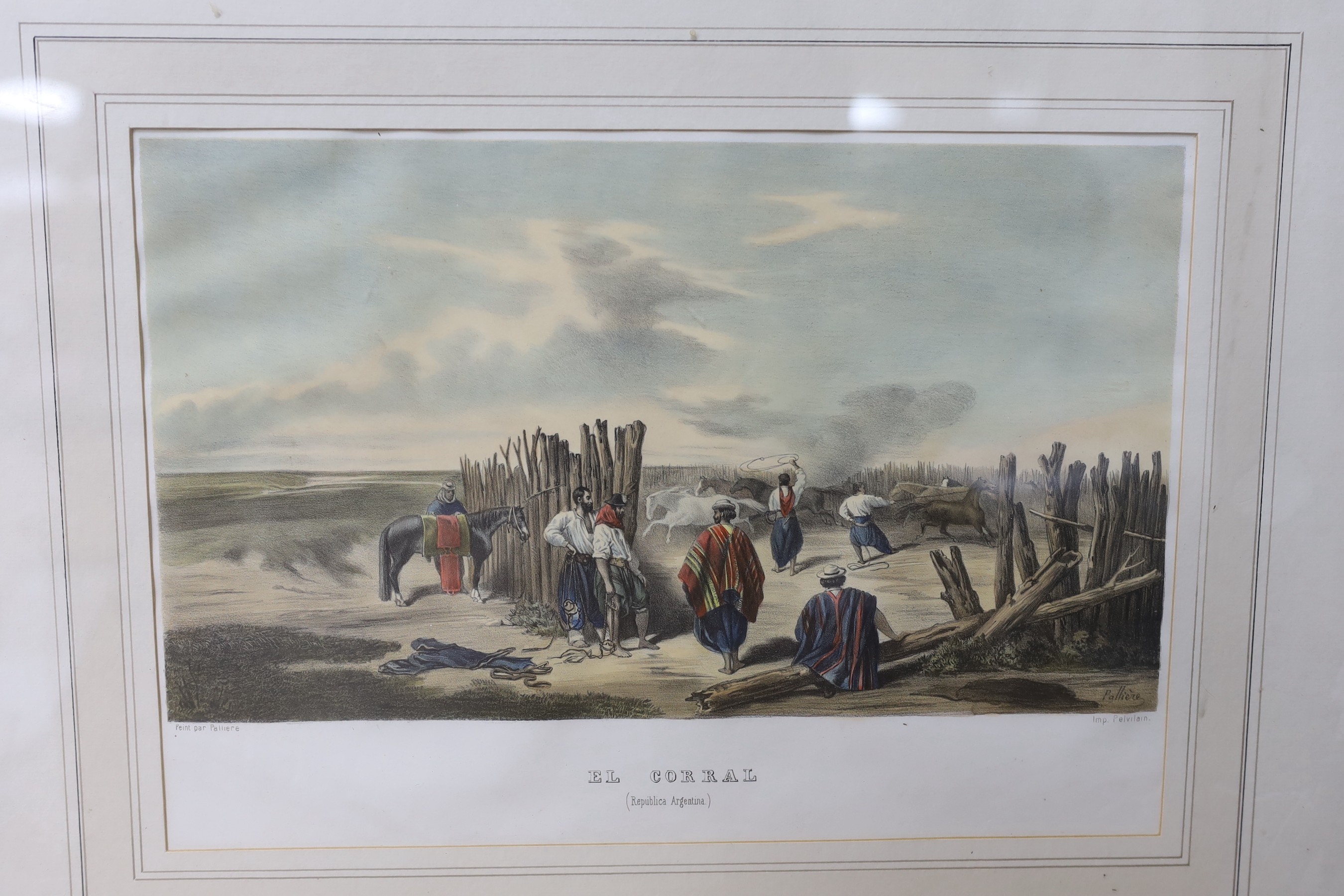 Pelvilain after Palliere, pair of coloured lithographs, 'El Asado' and 'El Corral' (Argentina) and two coloured engraved views of St Petersburg after Arnout, largest overall 29 x 34cm